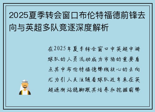 2025夏季转会窗口布伦特福德前锋去向与英超多队竞逐深度解析 2025夏季转会窗口布伦特福德前锋去向与英超多队竞逐深度解析